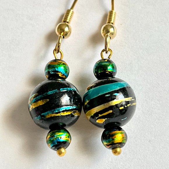 Aqua Blue Black Clear Murano Glass Earrings Bead Hand Painted Round Gold Plated - Picture 5 of 9